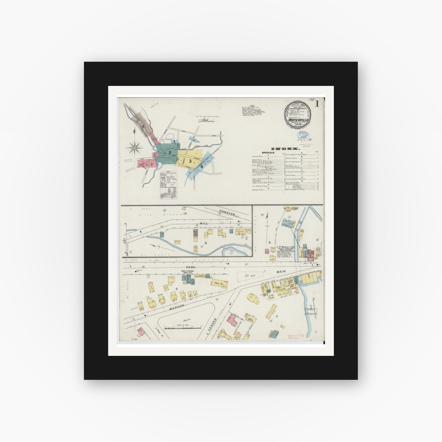 Old map wall art mockup — black gallery frame with white mat — Sanborn Fire Insurance Map from Waterville, Oneida County, New York (1894), Sheet #0001