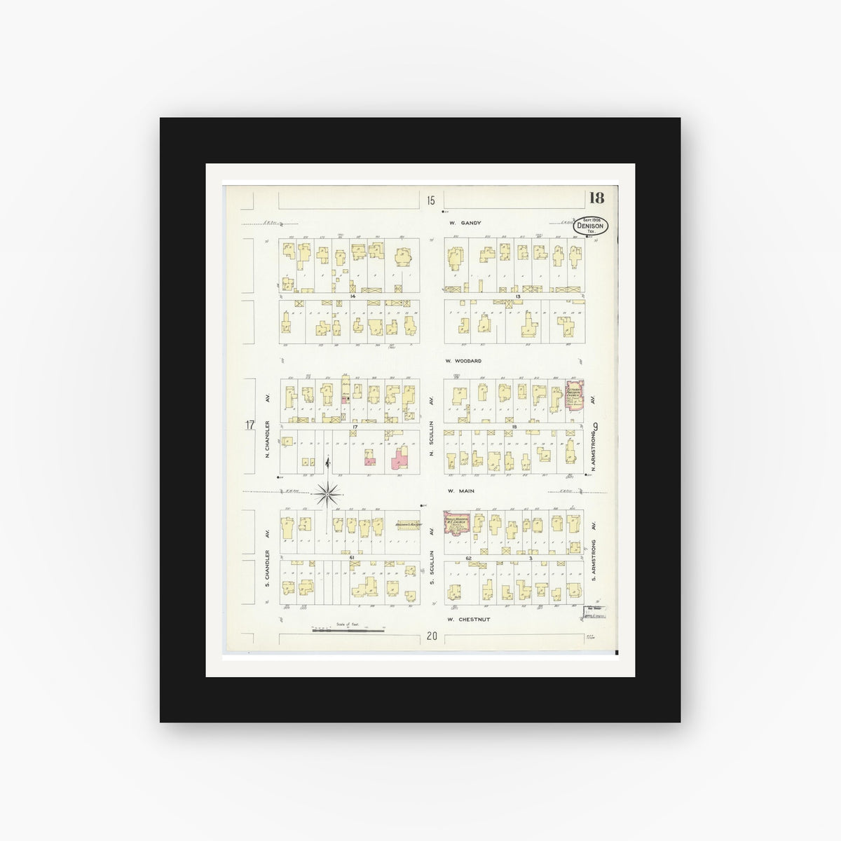 Old map wall art mockup — black gallery frame with white mat — Sanborn Fire Insurance Map from Denison, Grayson County, Texas (1908), Sheet #0018