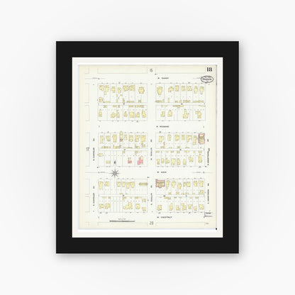 Old map wall art mockup — black gallery frame with white mat — Sanborn Fire Insurance Map from Denison, Grayson County, Texas (1908), Sheet #0018