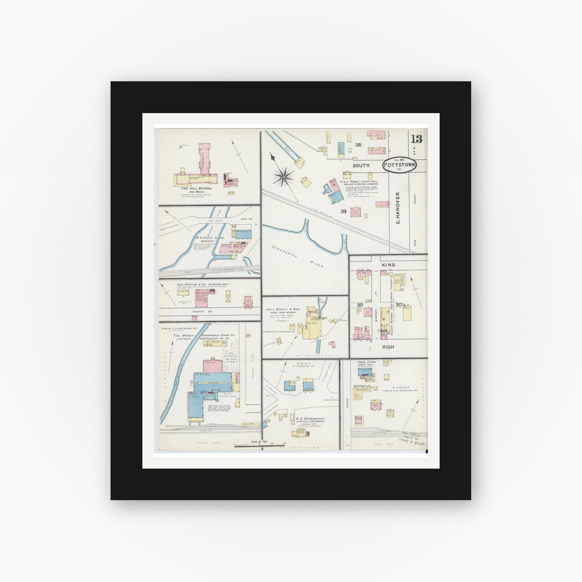 Old map wall art mockup — black gallery frame with white mat — Sanborn Fire Insurance Map from Pottstown, Montgomery County, Pennsylvania (1891), Sheet #0013
