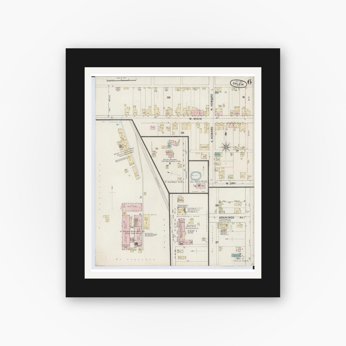 Old map wall art mockup — black gallery frame with white mat — Sanborn Fire Insurance Map from Salem, Columbiana County, Ohio (1887), Sheet #0006