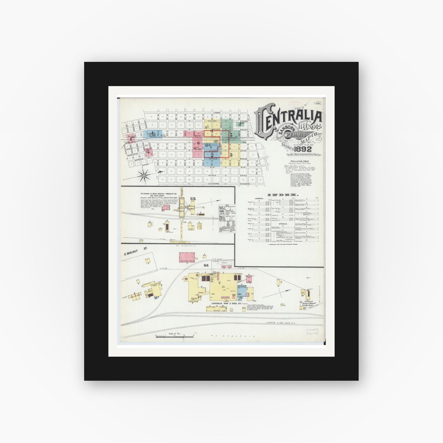 Old map wall art mockup — black gallery frame with white mat — Sanborn Fire Insurance Map from Centralia, Marion, Clinton, Jefferson, and Washington Counties, Illinois (1892), Sheet #0001