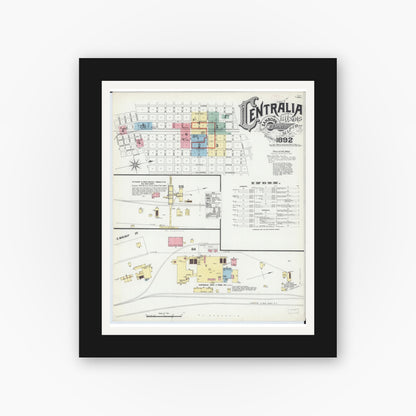 Old map wall art mockup — black gallery frame with white mat — Sanborn Fire Insurance Map from Centralia, Marion, Clinton, Jefferson, and Washington Counties, Illinois (1892), Sheet #0001