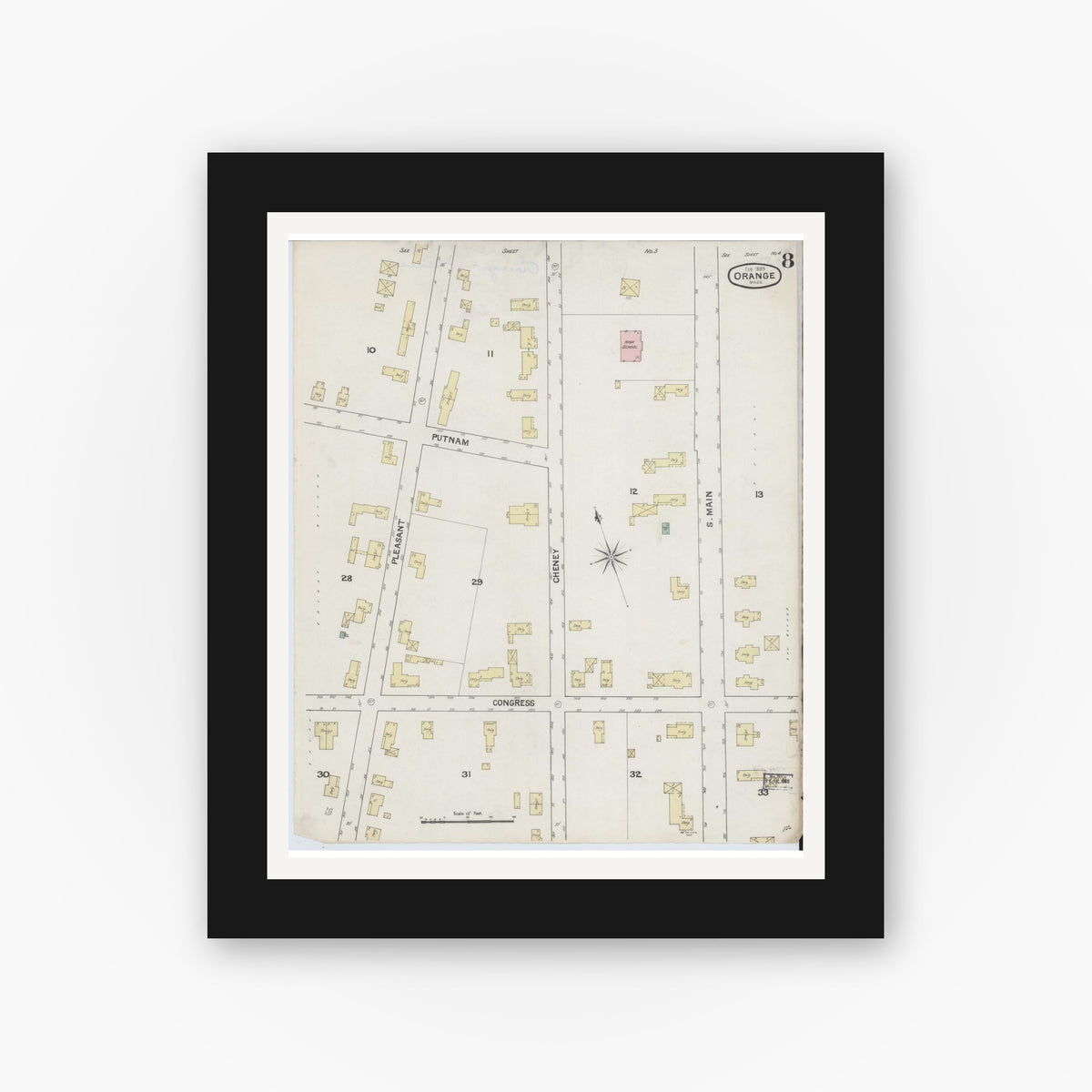 Old map wall art mockup — black gallery frame with white mat — Sanborn Fire Insurance Map from Orange, Franklin County, Massachusetts (1889), Sheet #0008