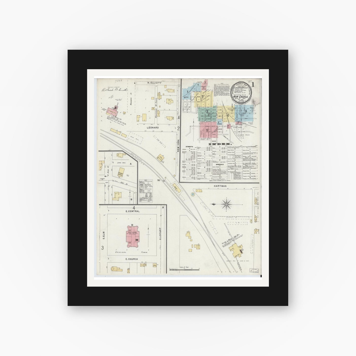 Old map wall art mockup — black gallery frame with white mat — Sanborn Fire Insurance Map from New Castle, Henry County, Indiana (1896) - Complete Map Set
