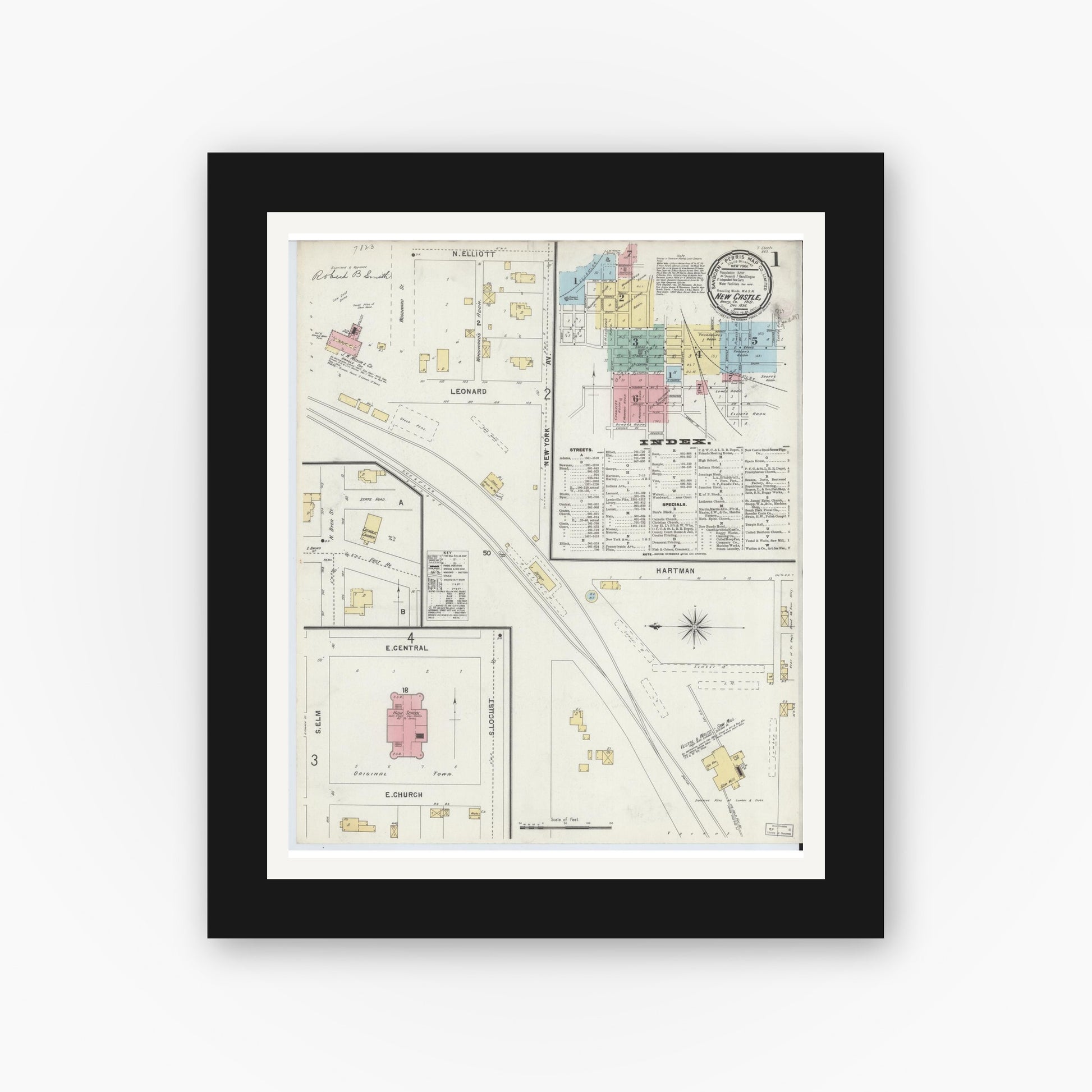 Old map wall art mockup — black gallery frame with white mat — Sanborn Fire Insurance Map from New Castle, Henry County, Indiana (1896) - Complete Map Set