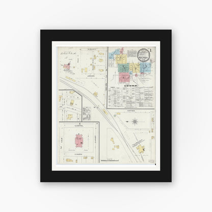 Old map wall art mockup — black gallery frame with white mat — Sanborn Fire Insurance Map from New Castle, Henry County, Indiana (1896) - Complete Map Set