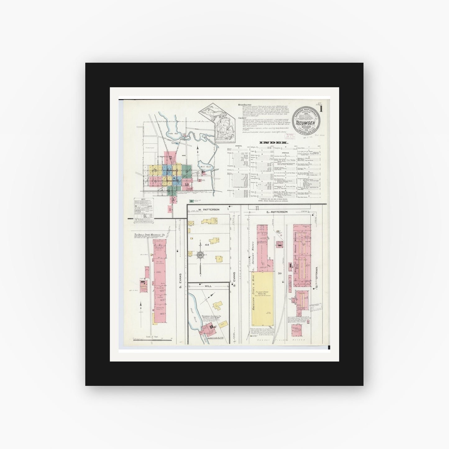 Old map wall art mockup — black gallery frame with white mat — Sanborn Fire Insurance Map from Tecumseh, Lenawee County, Michigan (1912) - Complete Map Set