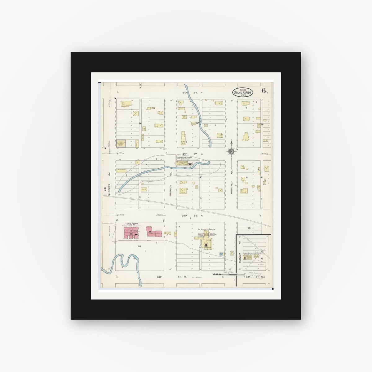 Old map wall art mockup — black gallery frame with white mat — Sanborn Fire Insurance Map from Grand Rapids, Itasca County, Minnesota (1913), Sheet #0006