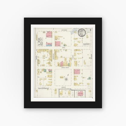 Old map wall art mockup — black gallery frame with white mat — Sanborn Fire Insurance Map from Beeville, Bee County, Texas (1898), Sheet #0001