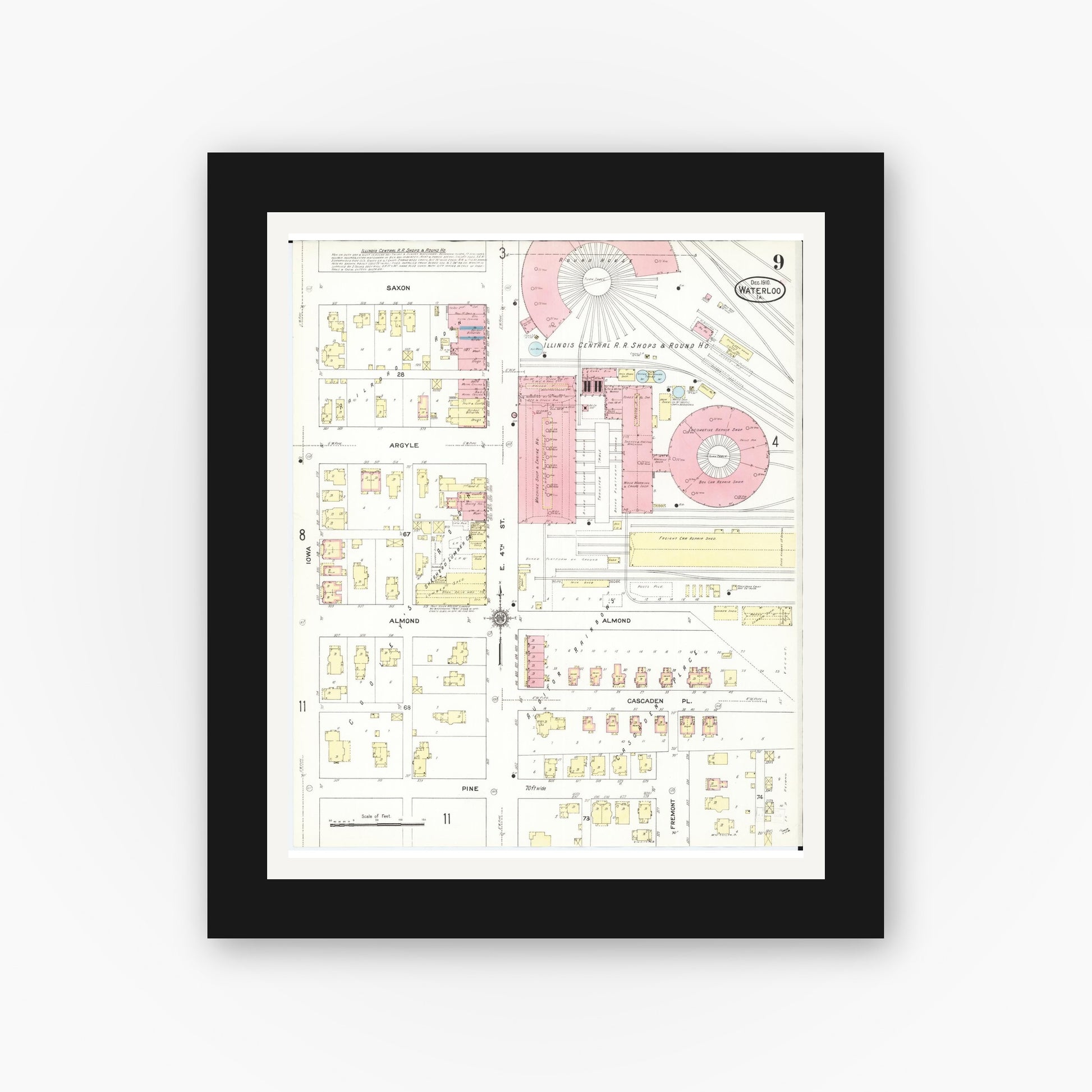 Old map wall art mockup — black gallery frame with white mat — Sanborn Fire Insurance Map from Waterloo, Black Hawk County, Iowa (1910), Sheet #0009