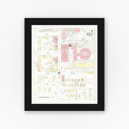 Old map wall art mockup — black gallery frame with white mat — Sanborn Fire Insurance Map from Waterloo, Black Hawk County, Iowa (1910), Sheet #0009