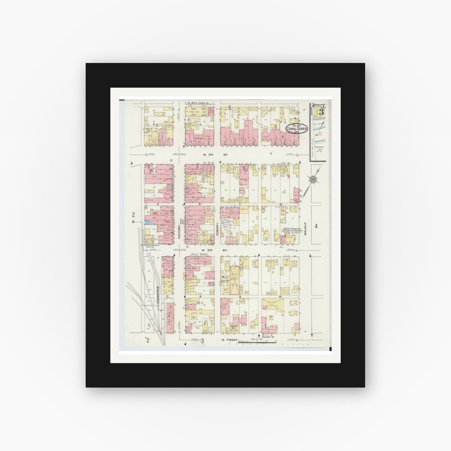 Old map wall art mockup — black gallery frame with white mat — Sanborn Fire Insurance Map from Canal Dover, Tuscarawas County, Ohio (1914), Sheet #0003