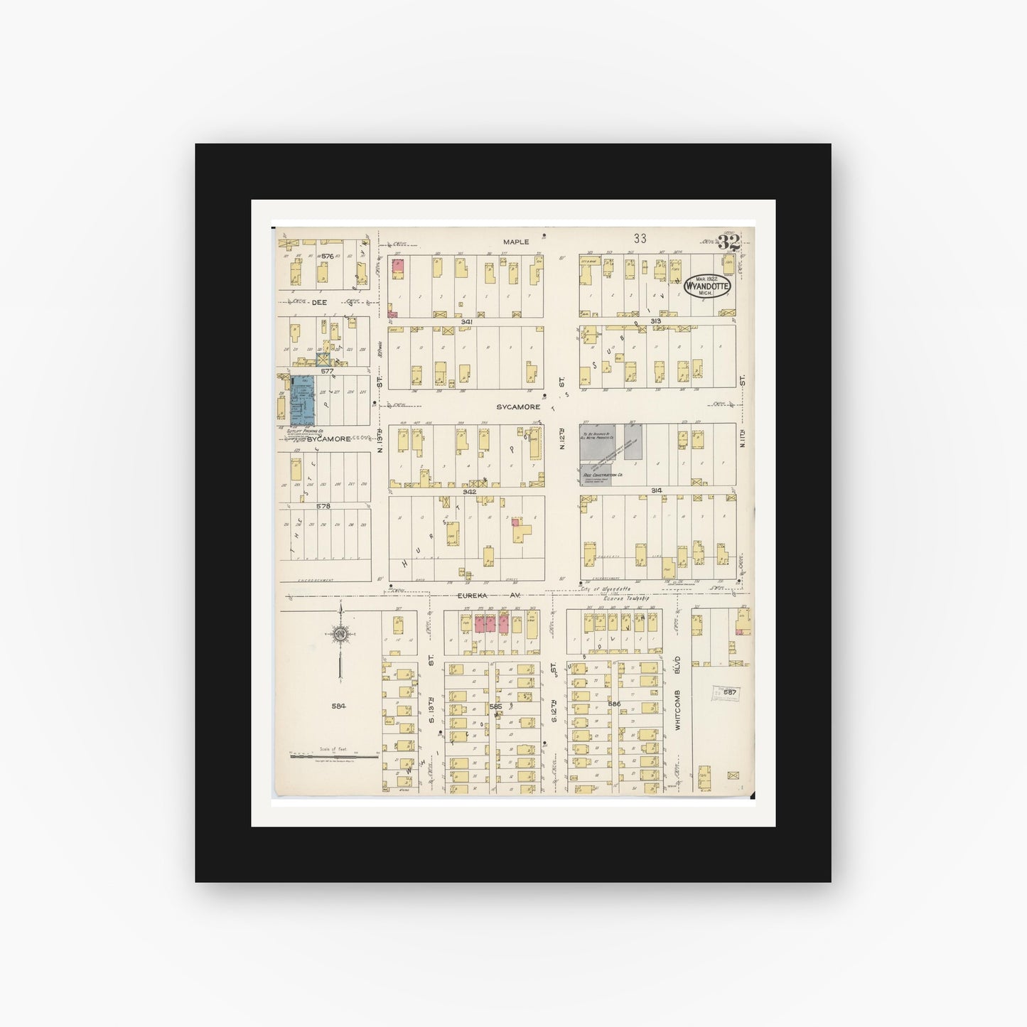 Old map wall art mockup — black gallery frame with white mat — Sanborn Fire Insurance Map from Wyandotte, Wayne County, Michigan (1922), Sheet #0032