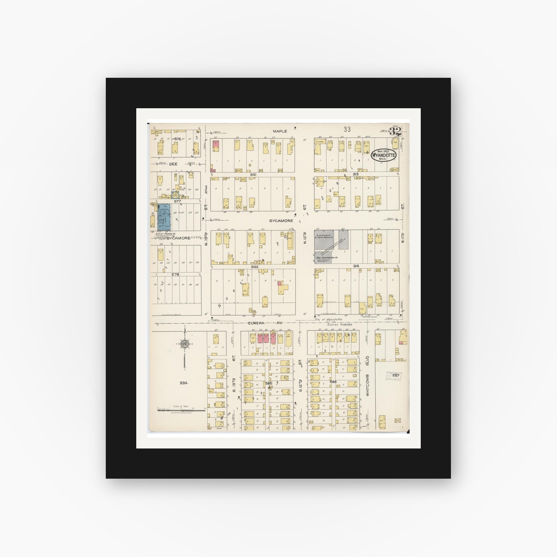 Old map wall art mockup — black gallery frame with white mat — Sanborn Fire Insurance Map from Wyandotte, Wayne County, Michigan (1922), Sheet #0032
