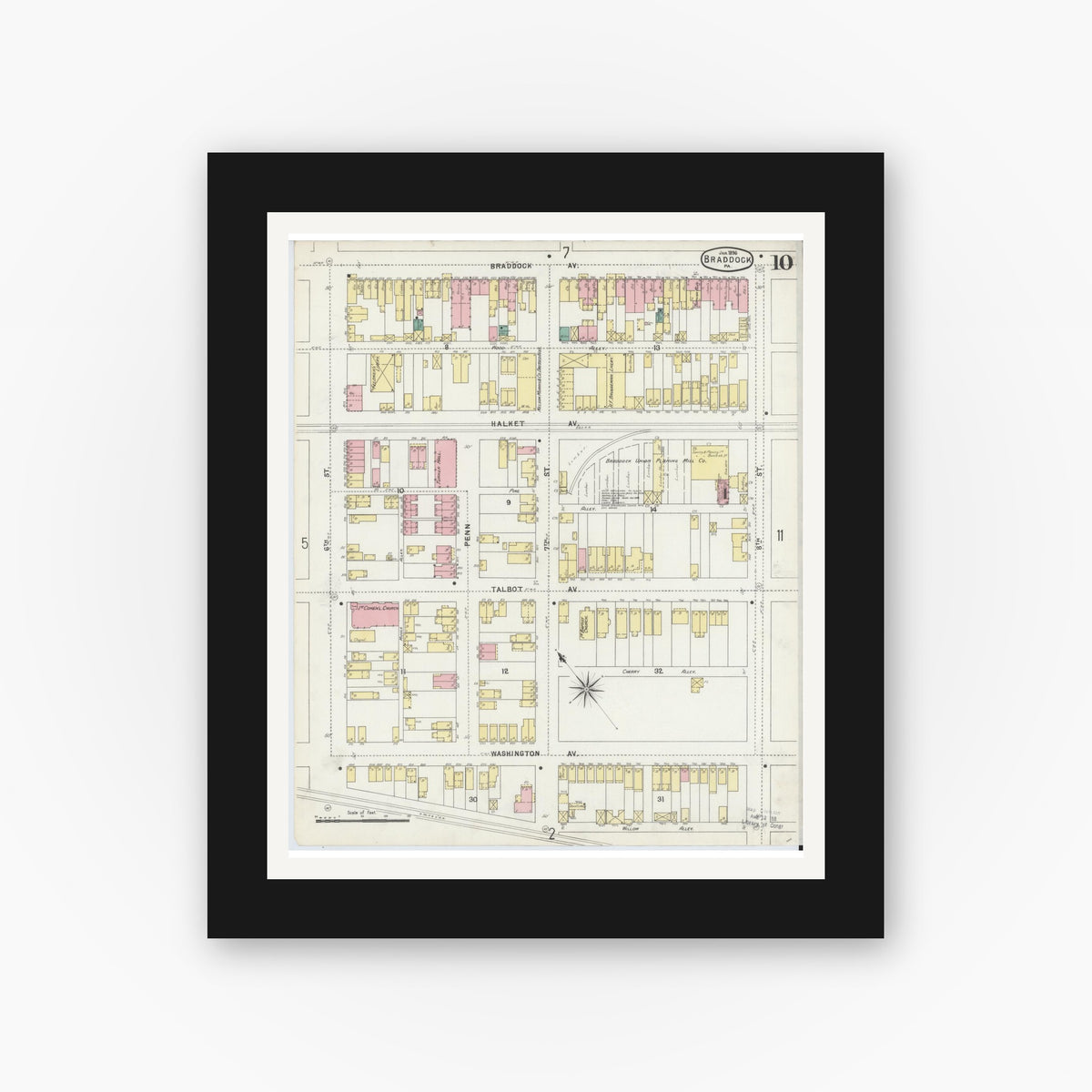 Old map wall art mockup — black gallery frame with white mat — Sanborn Fire Insurance Map from Braddock, Allegheny County, Pennsylvania (1896), Sheet #0010