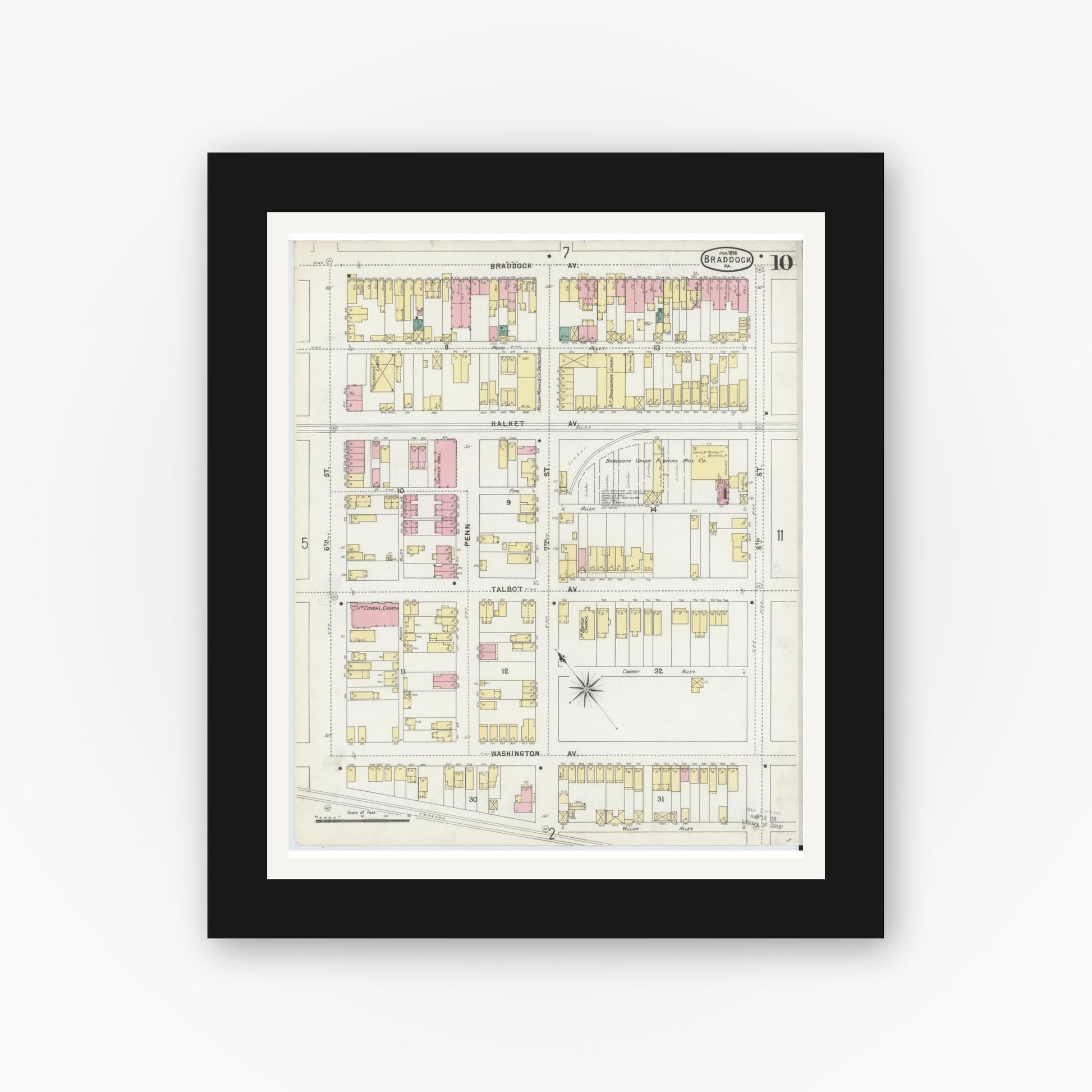 Old map wall art mockup — black gallery frame with white mat — Sanborn Fire Insurance Map from Braddock, Allegheny County, Pennsylvania (1896), Sheet #0010