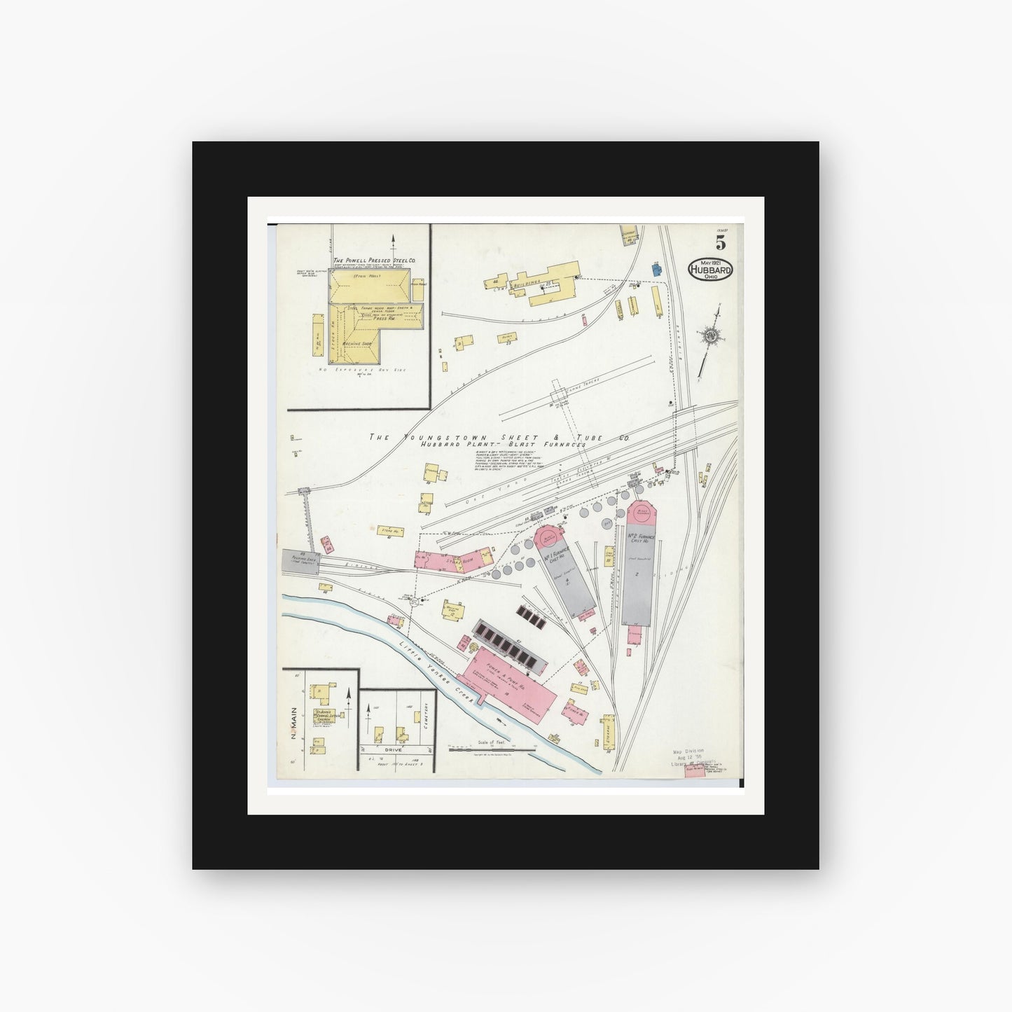 Old map wall art mockup — black gallery frame with white mat — Sanborn Fire Insurance Map from Hubbard, Trumbull County, Ohio (1921), Sheet #0005