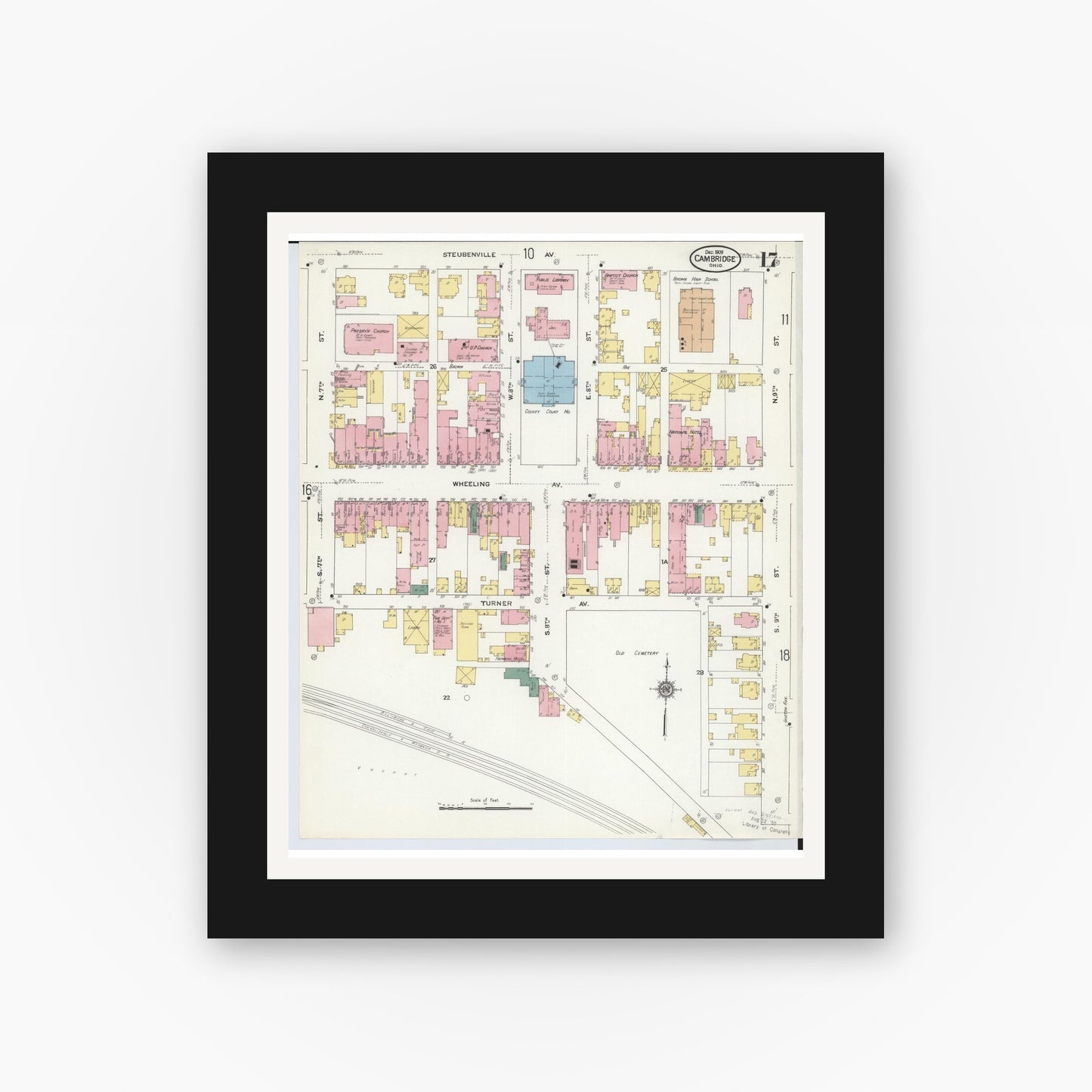 Old map wall art mockup — black gallery frame with white mat — Sanborn Fire Insurance Map from Cambridge, Guernsey County, Ohio (1909), Sheet #0017