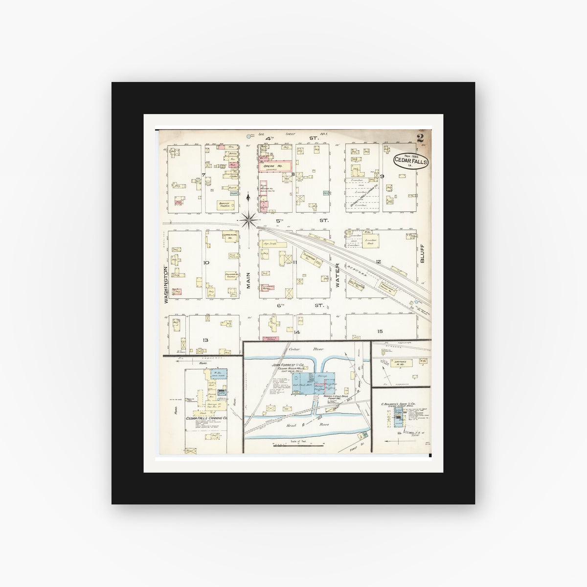 Old map wall art mockup — black gallery frame with white mat — Sanborn Fire Insurance Map from Cedar Falls, Black Hawk County, Iowa (1885), Sheet #0002