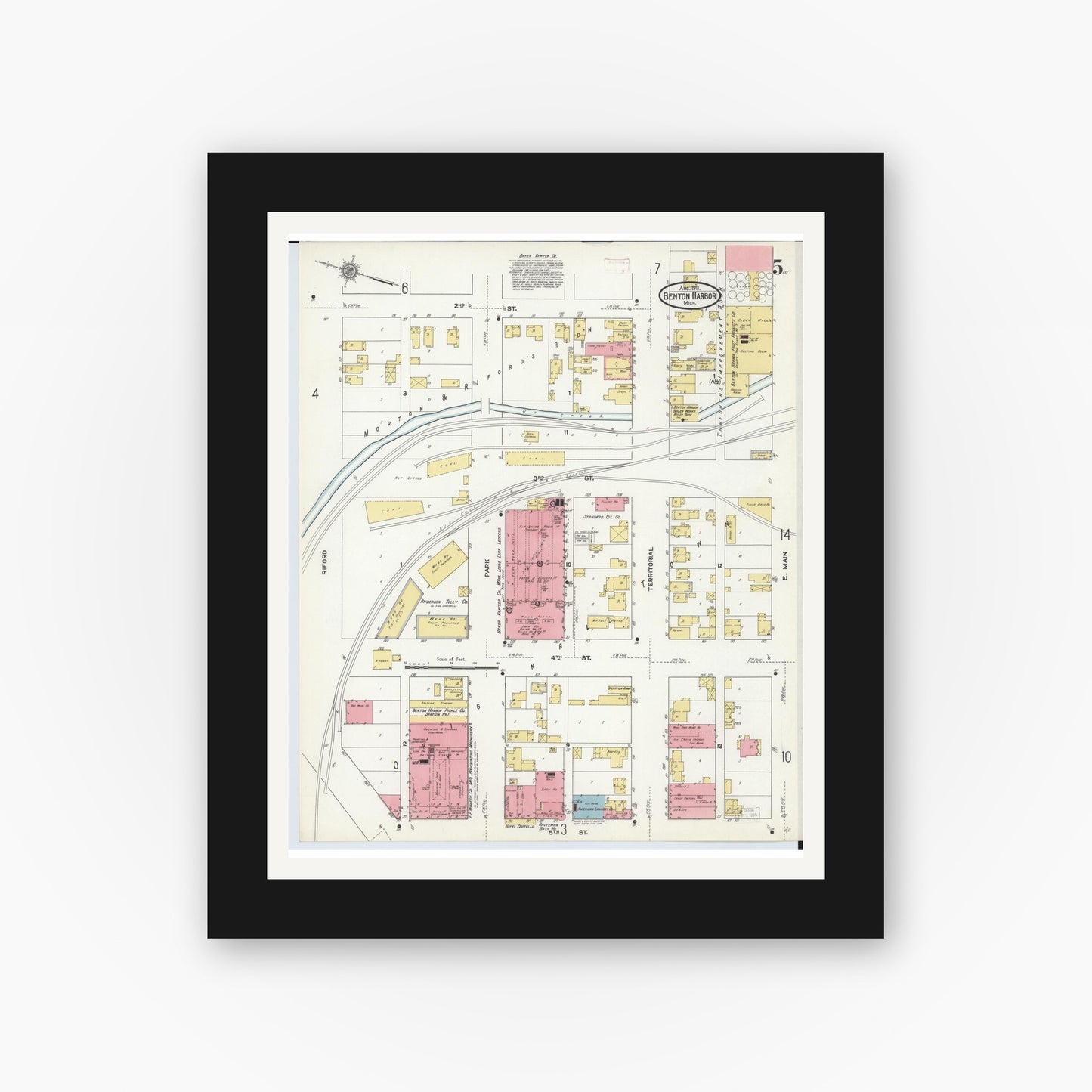 Old map wall art mockup — black gallery frame with white mat — Sanborn Fire Insurance Map from Benton Harbor, Berrien County, Michigan (1911), Sheet #0005