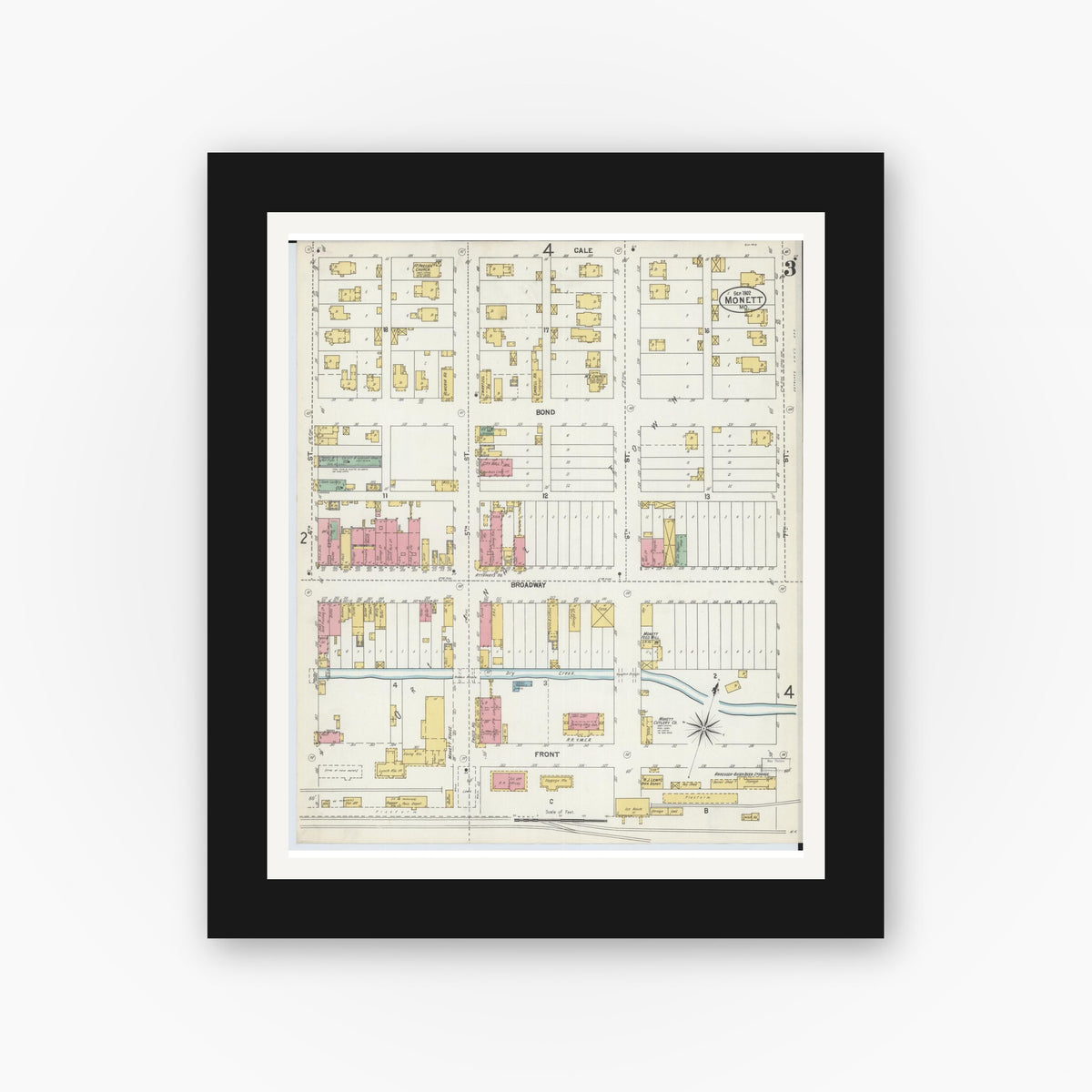 Old map wall art mockup — black gallery frame with white mat — Sanborn Fire Insurance Map from Monett, Barry County, Missouri (1902), Sheet #0003