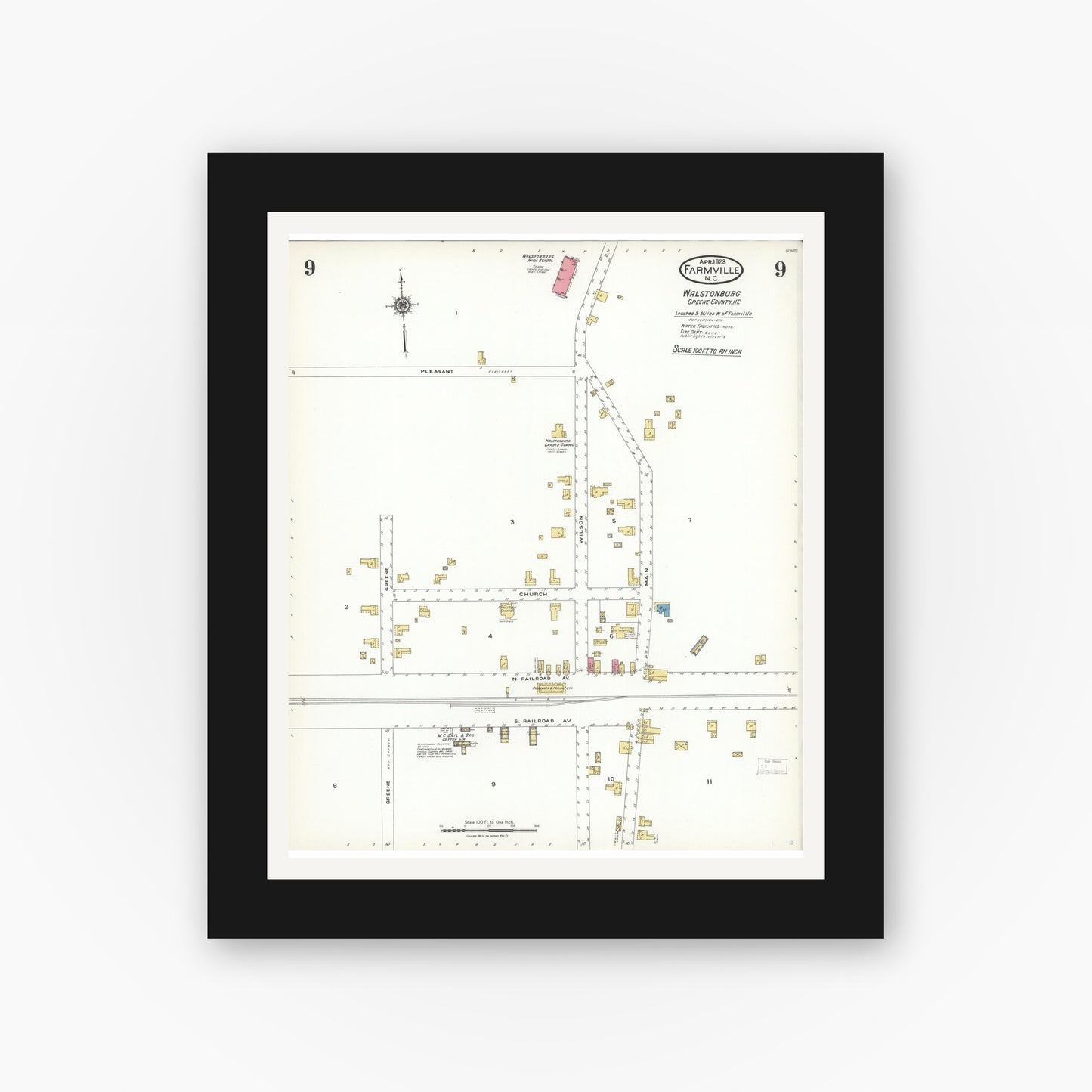 Old map wall art mockup — black gallery frame with white mat — Sanborn Fire Insurance Map from Farmville, Pitt County, North Carolina (1923), Sheet #0009