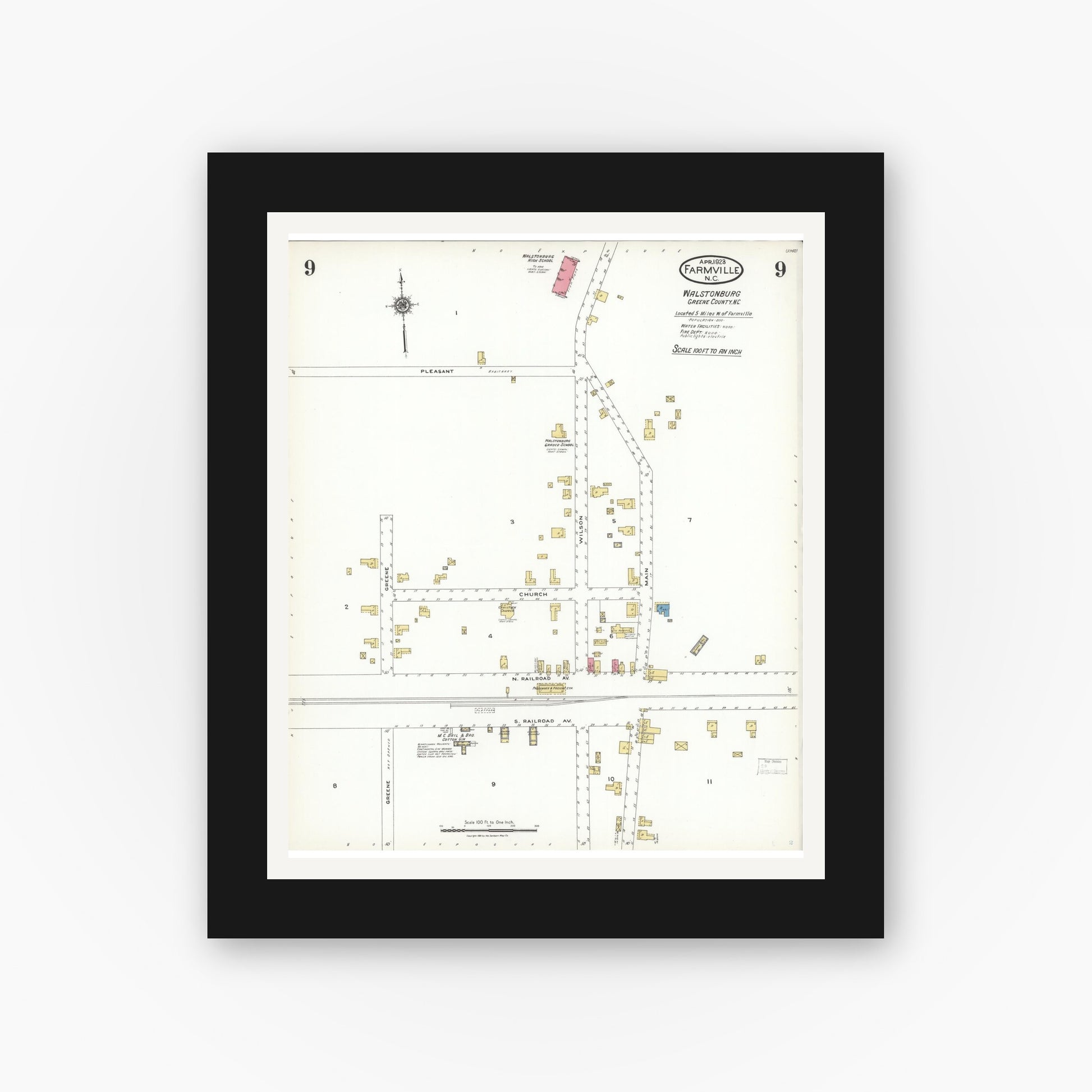 Old map wall art mockup — black gallery frame with white mat — Sanborn Fire Insurance Map from Farmville, Pitt County, North Carolina (1923), Sheet #0009