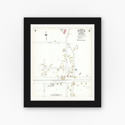 Old map wall art mockup — black gallery frame with white mat — Sanborn Fire Insurance Map from Farmville, Pitt County, North Carolina (1923), Sheet #0009