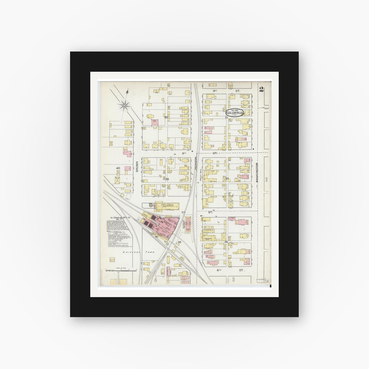 Old map wall art mockup — black gallery frame with white mat — Sanborn Fire Insurance Map from Columbus, Bartholomew County, Indiana (1892), Sheet #0002