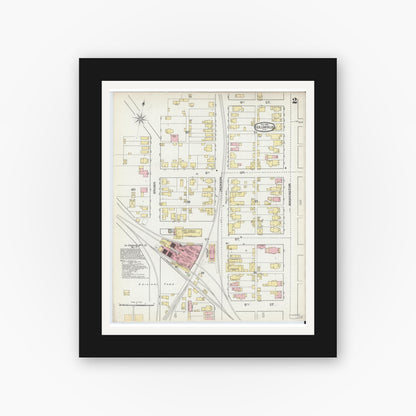 Old map wall art mockup — black gallery frame with white mat — Sanborn Fire Insurance Map from Columbus, Bartholomew County, Indiana (1892), Sheet #0002