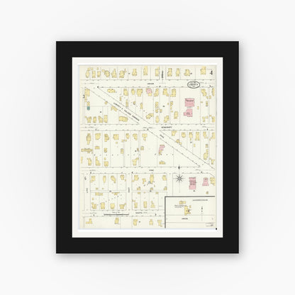 Old map wall art mockup — black gallery frame with white mat — Sanborn Fire Insurance Map from Liberty, Union County, Indiana (1909), Sheet #0004