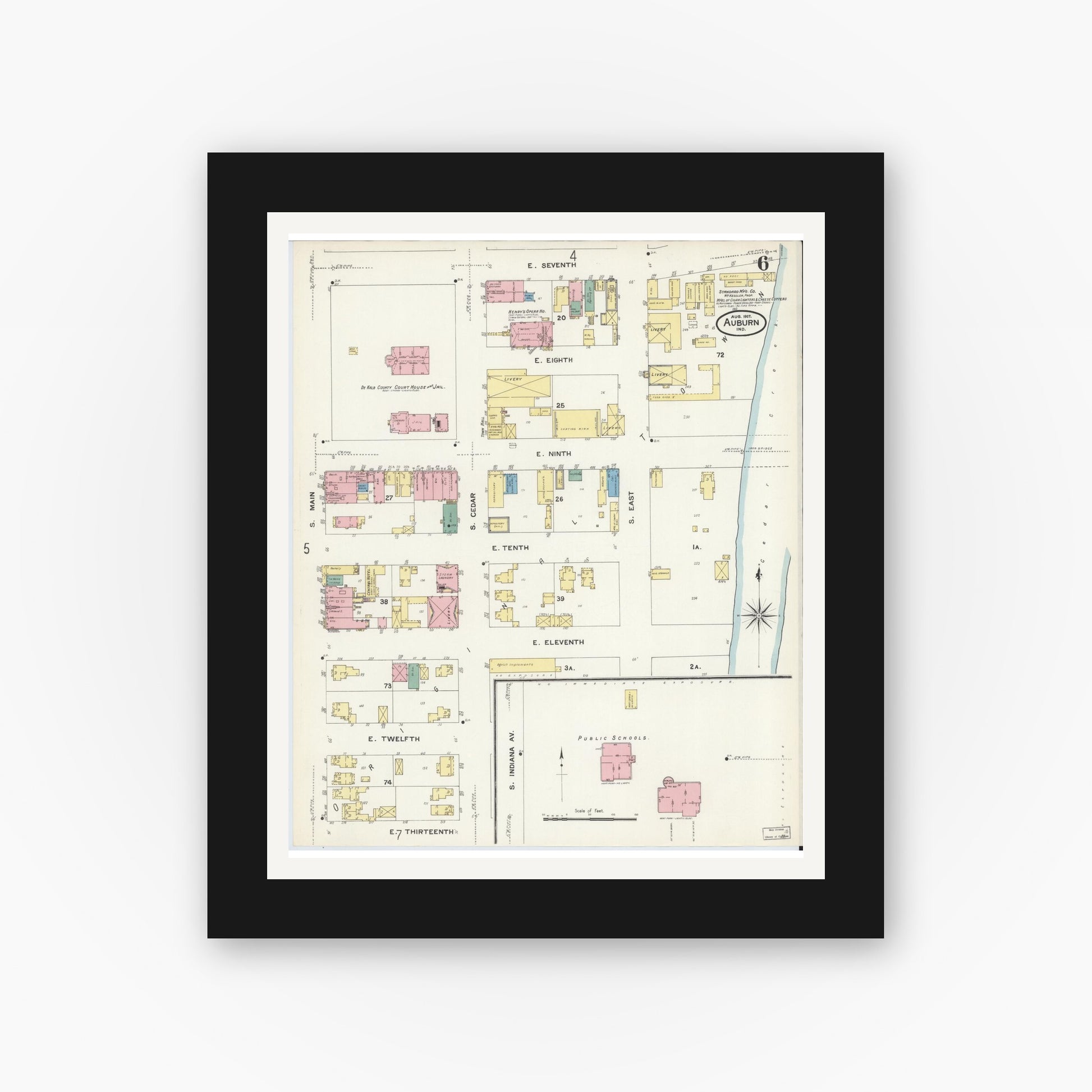 Old map wall art mockup — black gallery frame with white mat — Sanborn Fire Insurance Map from Auburn, De Kalb County, Indiana (1907), Sheet #0006