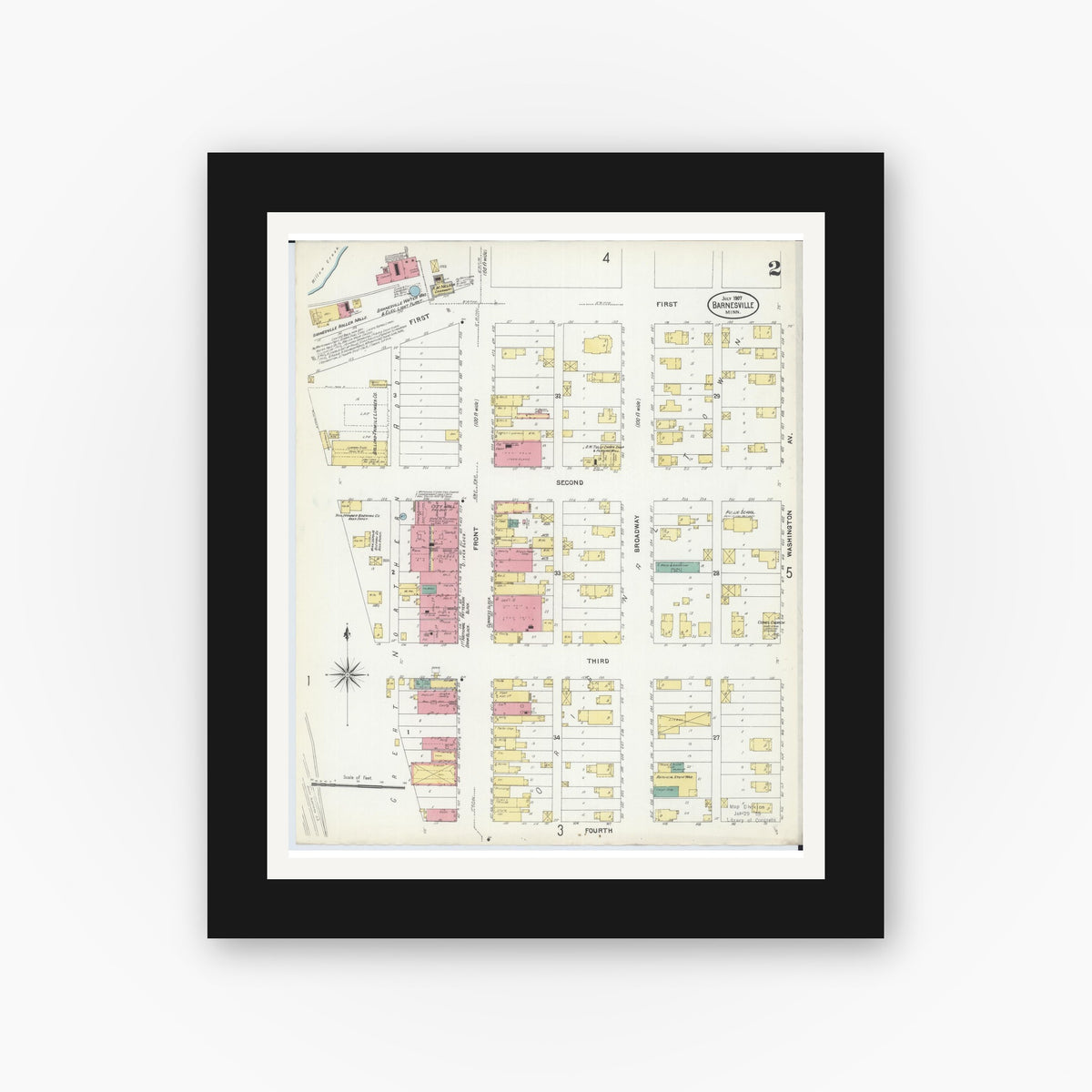 Old map wall art mockup — black gallery frame with white mat — Sanborn Fire Insurance Map from Barnesville, Clay County, Minnesota (1907), Sheet #0002