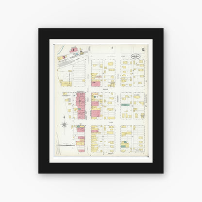 Old map wall art mockup — black gallery frame with white mat — Sanborn Fire Insurance Map from Barnesville, Clay County, Minnesota (1907), Sheet #0002