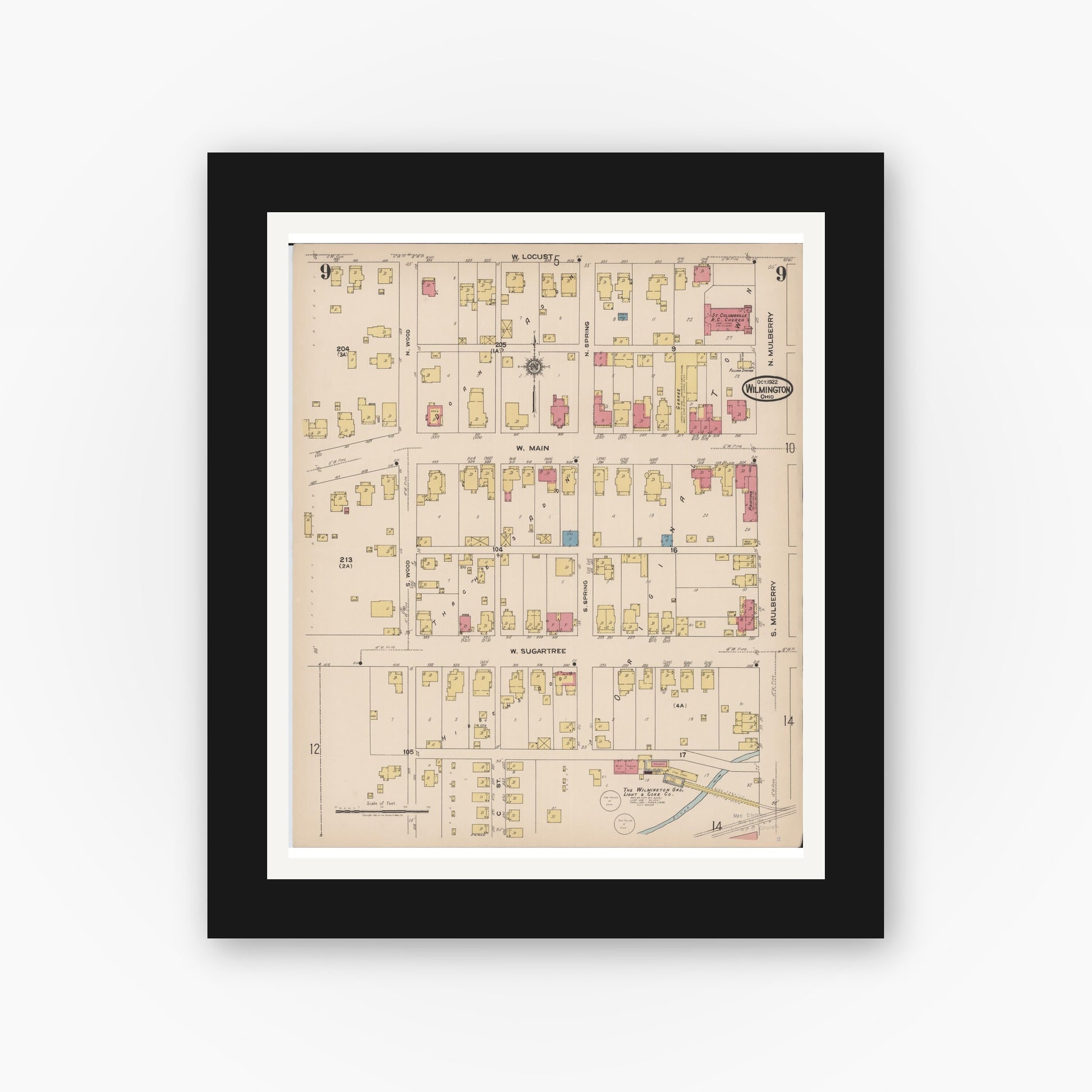 Old map wall art mockup — black gallery frame with white mat — Sanborn Fire Insurance Map from Wilmington, Clinton County, Ohio (1922), Sheet #0009