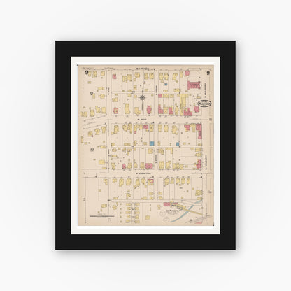Old map wall art mockup — black gallery frame with white mat — Sanborn Fire Insurance Map from Wilmington, Clinton County, Ohio (1922), Sheet #0009