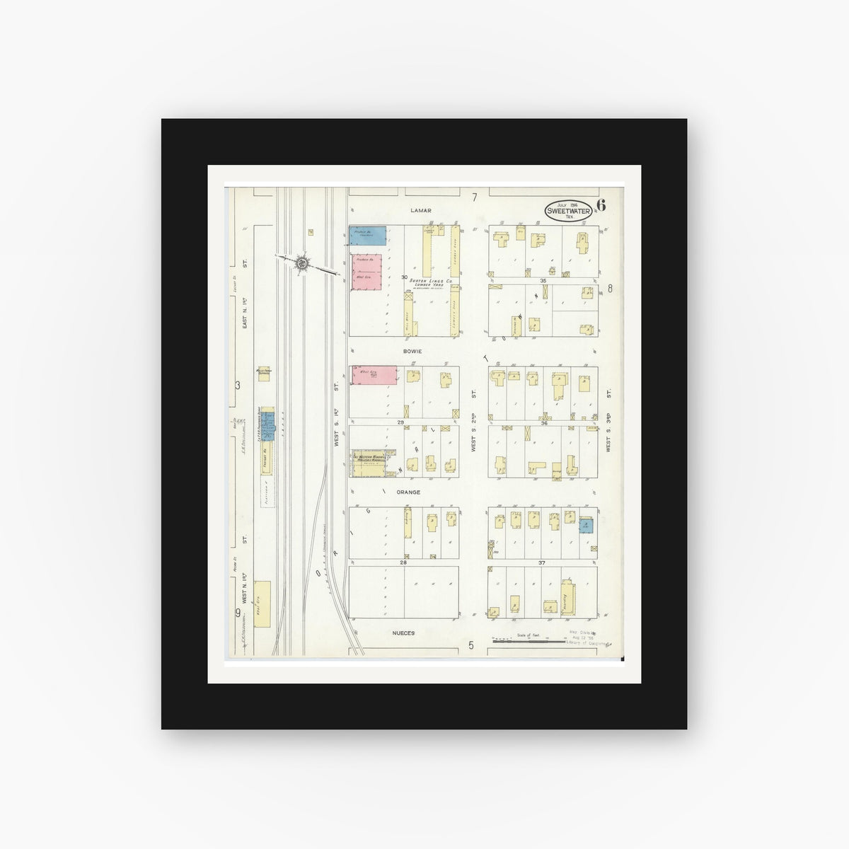 Old map wall art mockup — black gallery frame with white mat — Sanborn Fire Insurance Map from Sweetwater, Nolan County, Texas (1914), Sheet #0006