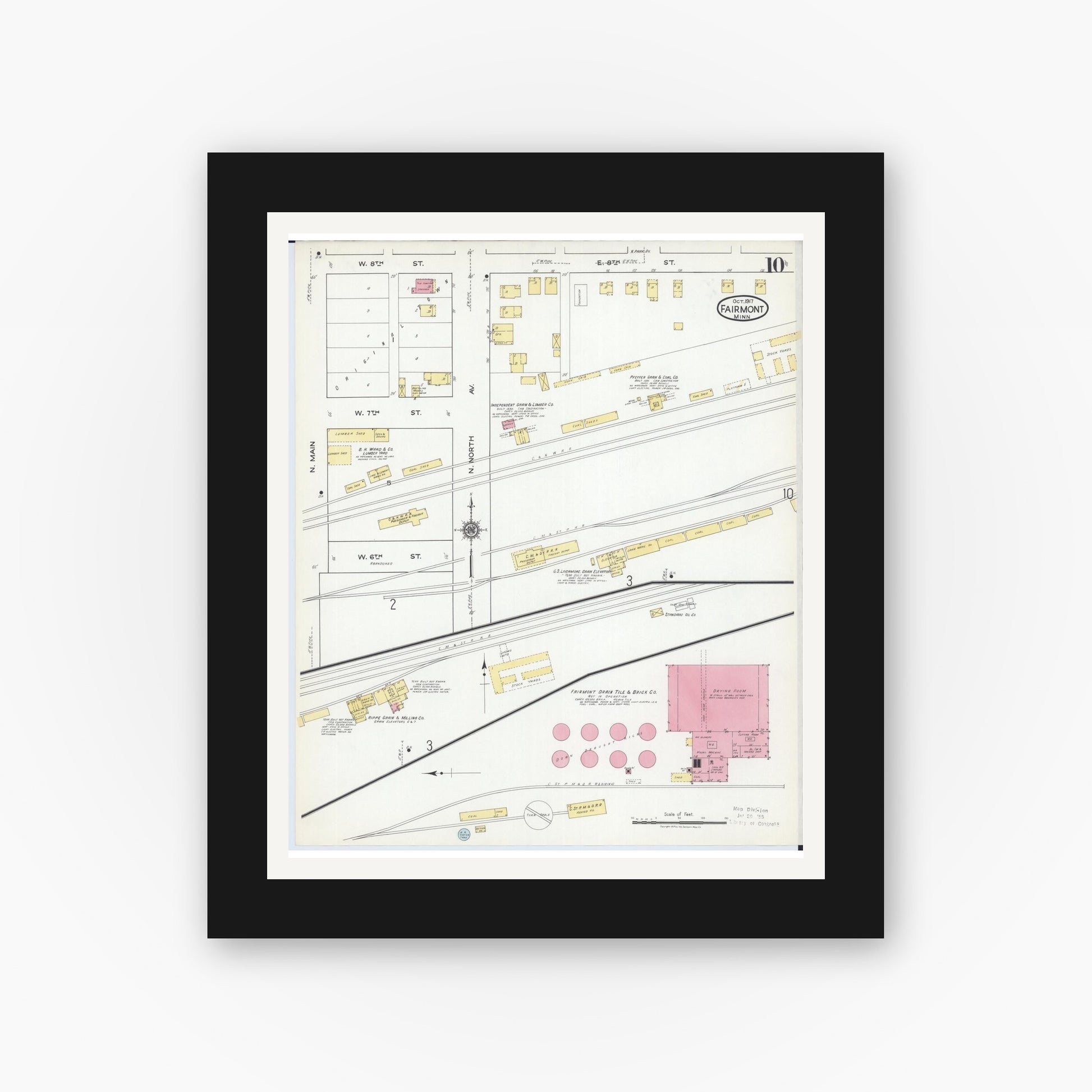 Old map wall art mockup — black gallery frame with white mat — Sanborn Fire Insurance Map from Fairmont, Martin County, Minnesota (1917), Sheet #0010