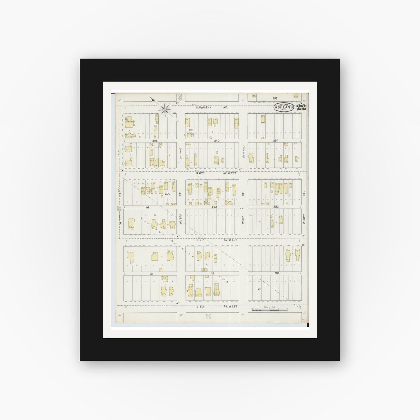 Old map wall art mockup — black gallery frame with white mat — Sanborn Fire Insurance Map from Ashland, Ashland County, Wisconsin (1895), Sheet #0022