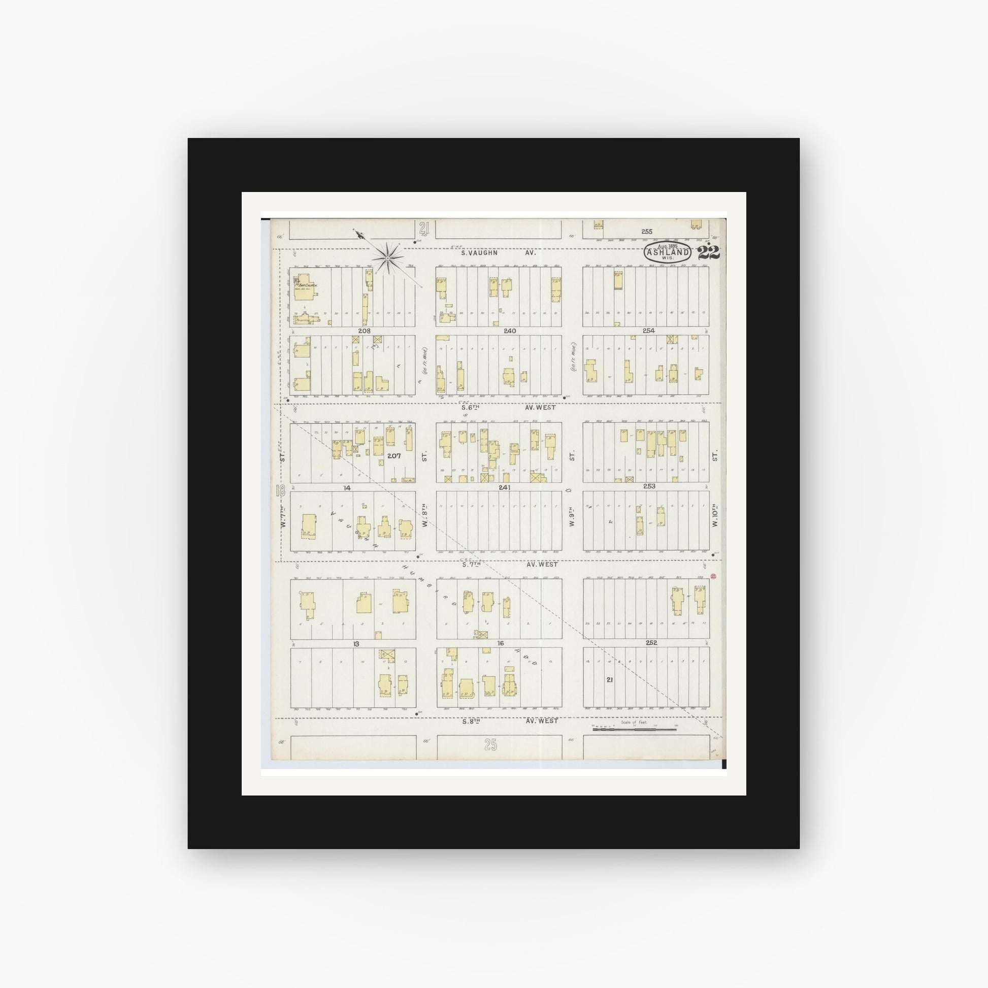 Old map wall art mockup — black gallery frame with white mat — Sanborn Fire Insurance Map from Ashland, Ashland County, Wisconsin (1895), Sheet #0022