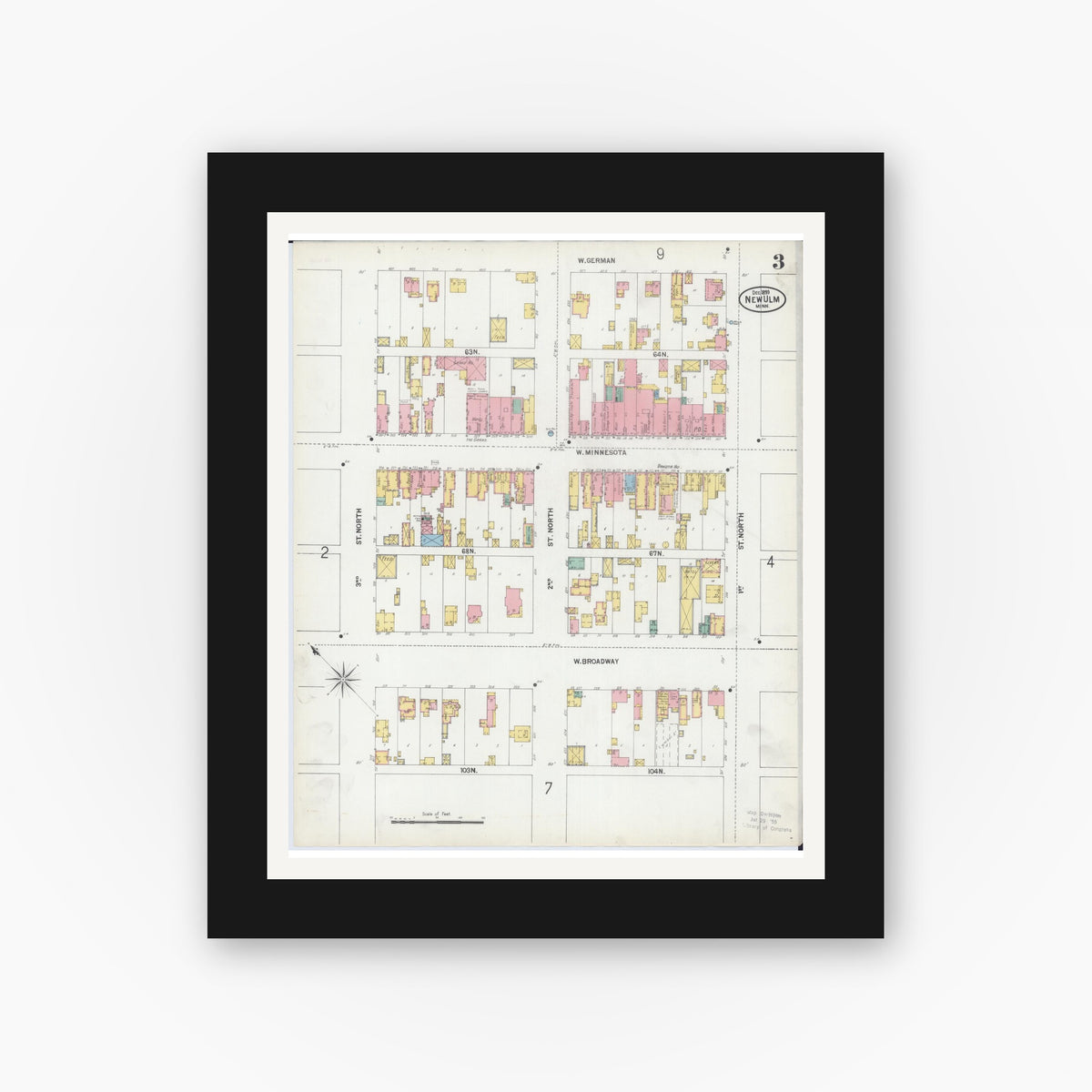 Old map wall art mockup — black gallery frame with white mat — Sanborn Fire Insurance Map from New Ulm, Brown County, Minnesota (1899), Sheet #0003