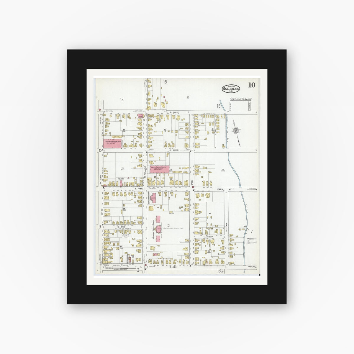 Old map wall art mockup — black gallery frame with white mat — Sanborn Fire Insurance Map from Goldsboro, Wayne County, North Carolina (1918), Sheet #0010