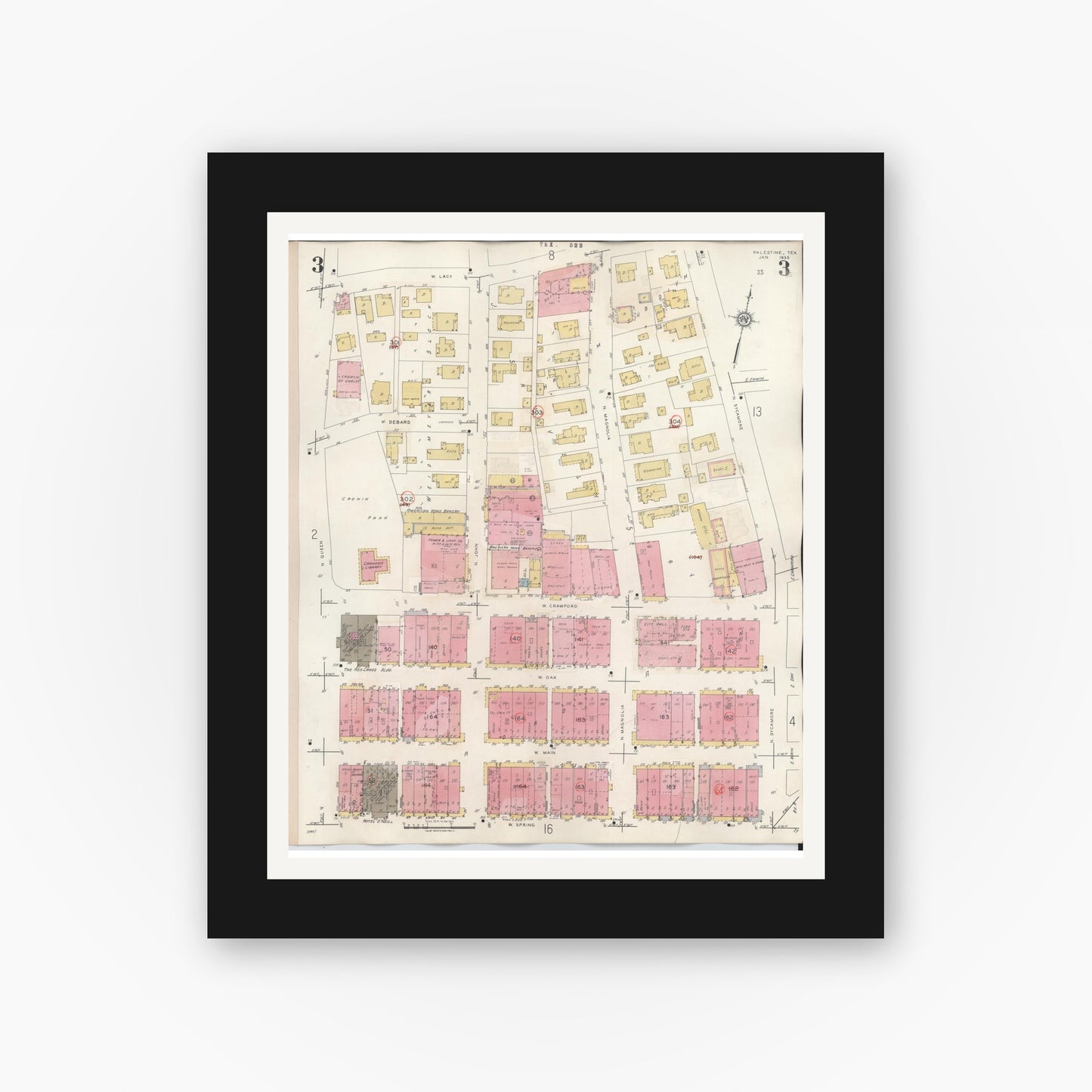 Old map wall art mockup — black gallery frame with white mat — Sanborn Fire Insurance Map from Palestine, Anderson County, Texas (1949), Sheet #0003