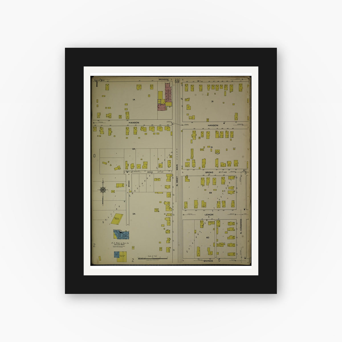 Old map wall art mockup — black gallery frame with white mat — Sanborn Fire Insurance Map from Kenosha, Kenosha County, Wisconsin. (1918), Sheet 5