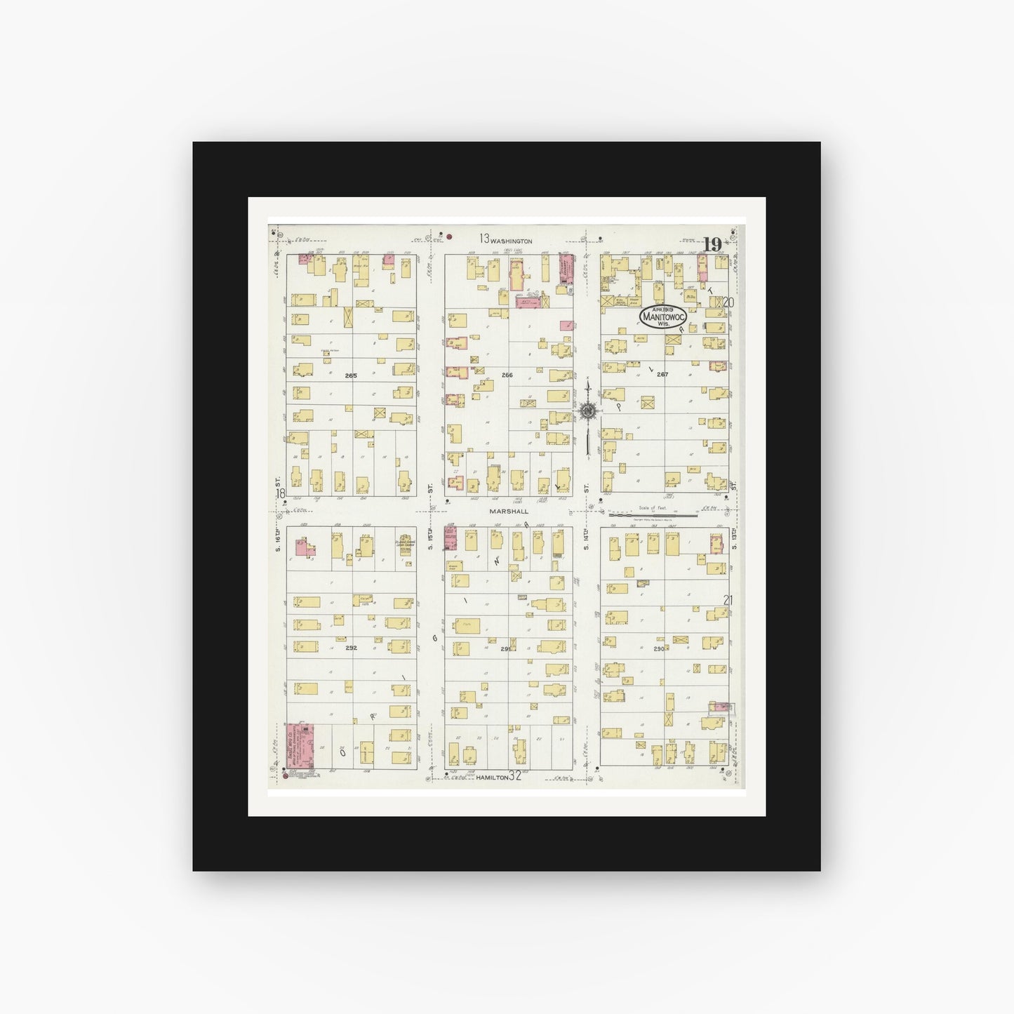 Old map wall art mockup — black gallery frame with white mat — Sanborn Fire Insurance Map from Manitowoc, Manitowoc County, Wisconsin (1919), Sheet #0019