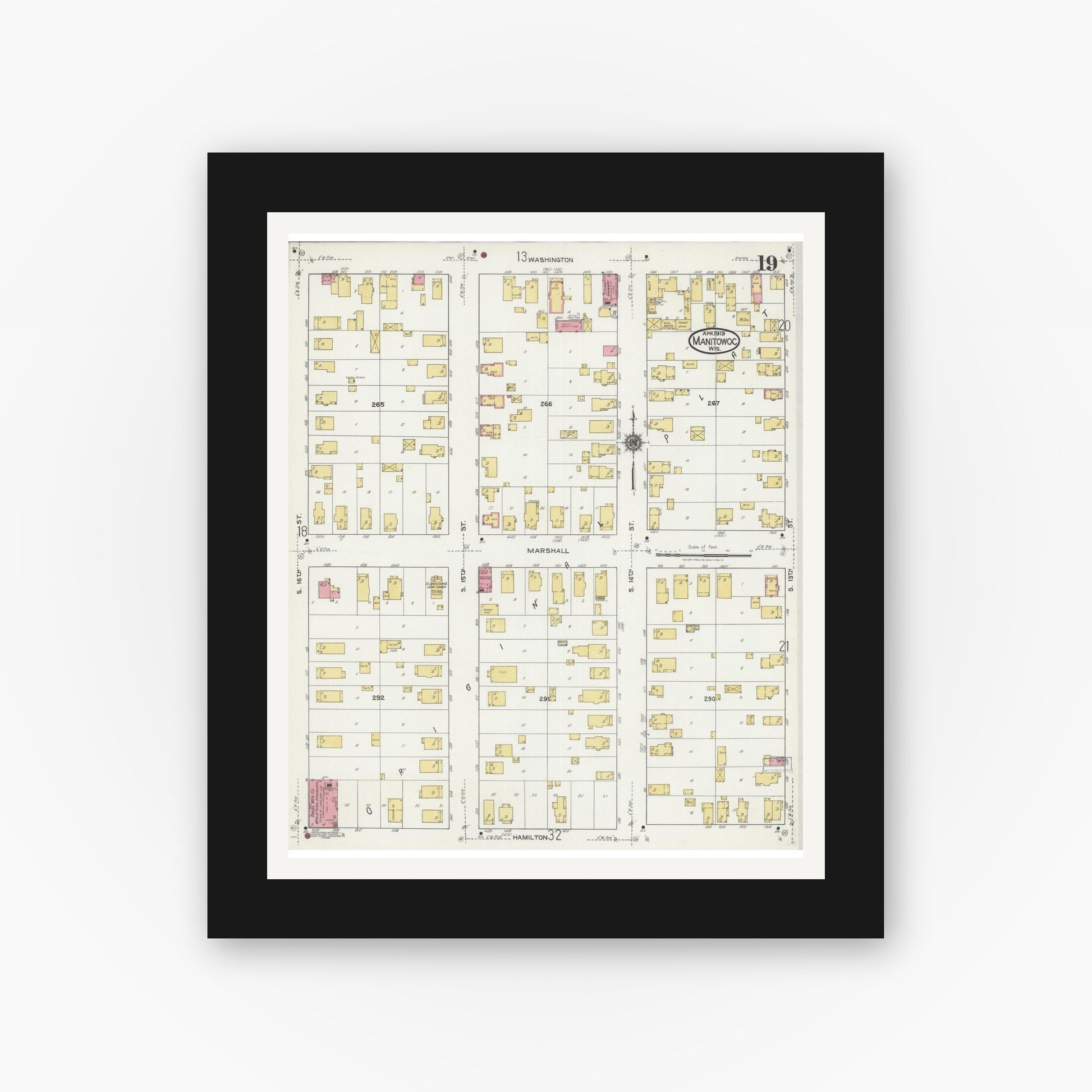 Old map wall art mockup — black gallery frame with white mat — Sanborn Fire Insurance Map from Manitowoc, Manitowoc County, Wisconsin (1919), Sheet #0019