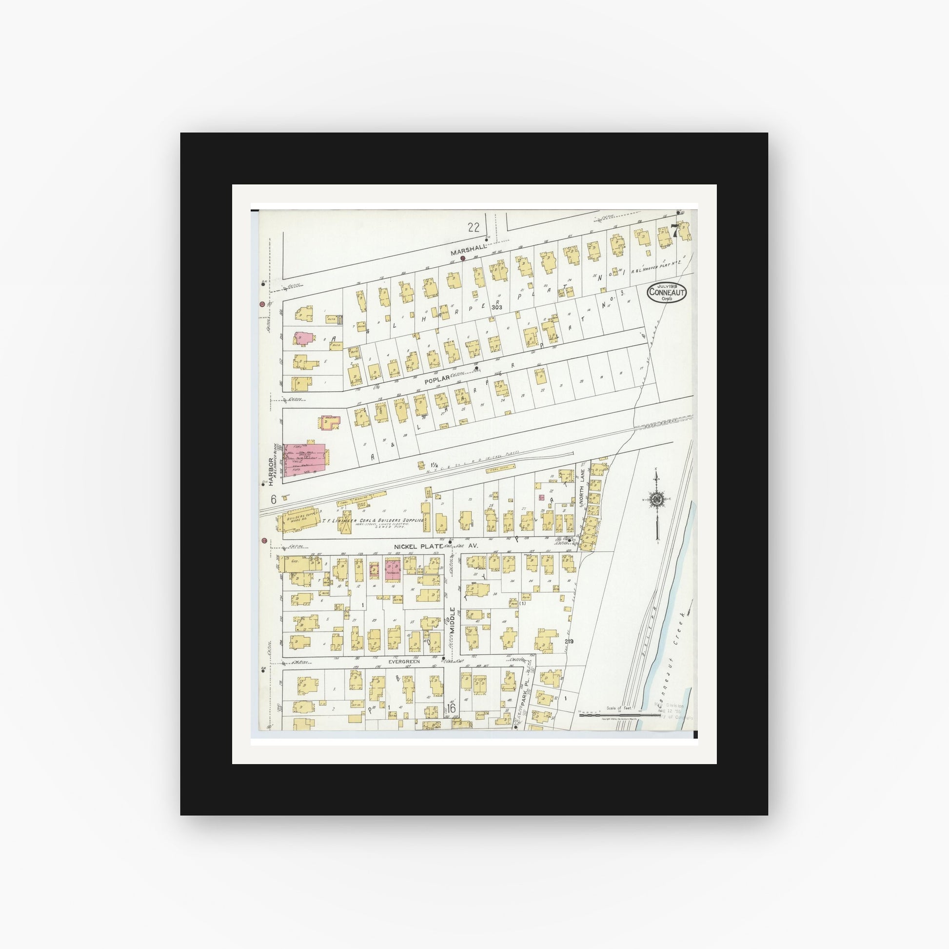 Old map wall art mockup — black gallery frame with white mat — Sanborn Fire Insurance Map from Conneaut, Ashtabula County, Ohio (1919), Sheet #0007