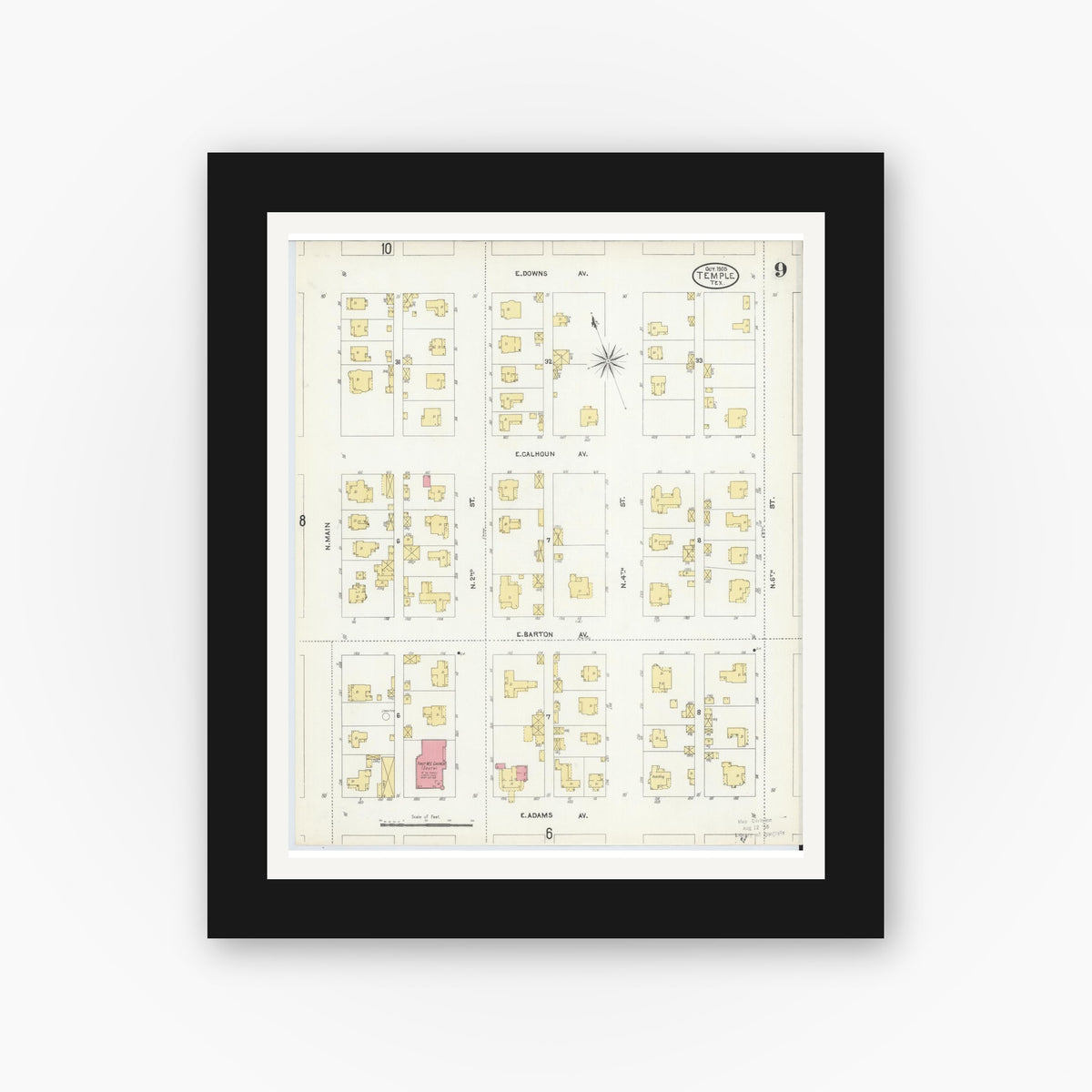 Old map wall art mockup — black gallery frame with white mat — Sanborn Fire Insurance Map from Temple, Bell County, Texas (1905), Sheet #0009