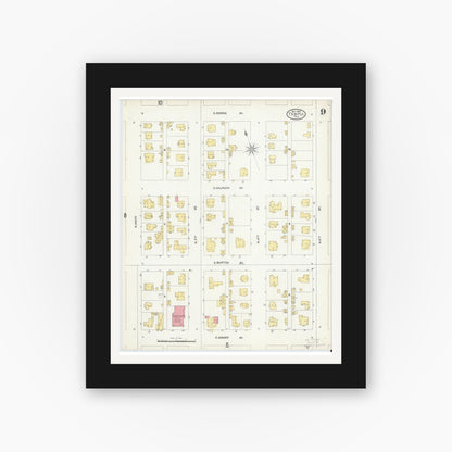 Old map wall art mockup — black gallery frame with white mat — Sanborn Fire Insurance Map from Temple, Bell County, Texas (1905), Sheet #0009